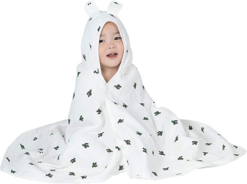 REMASS Hooded Towel Muslin Hooded Towel Made from Organic Cotton 6-Layer Cotton Bath Towel, Soft Bath Towels 25x51inches for Toddler Baby Kids Cactus - Image 3